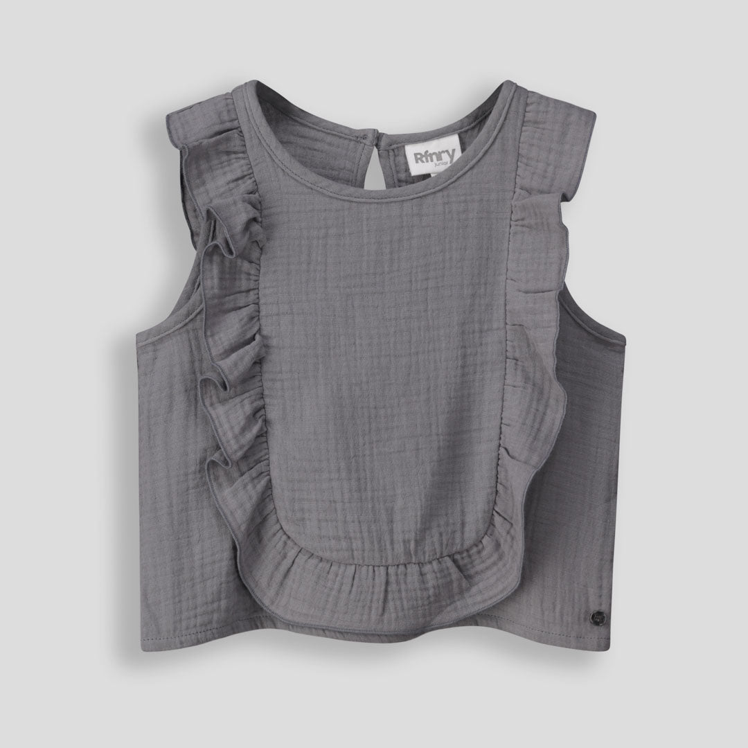 Girls Frilled Top Charcoal