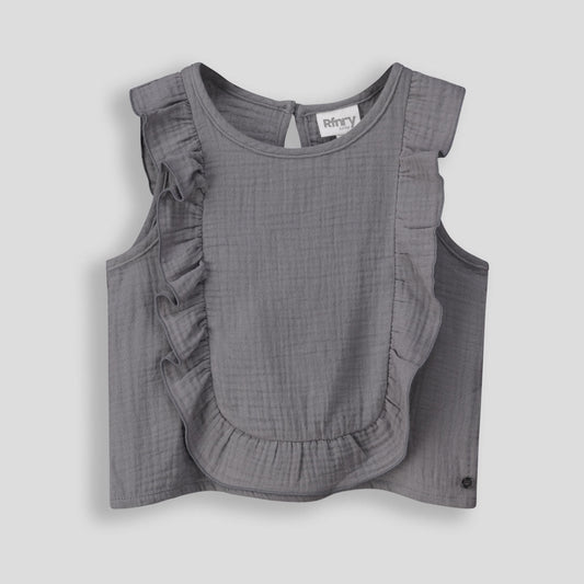 Girls Frilled Top Charcoal